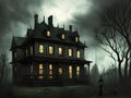 Haunted house. Old abandoned house in the night forest. Scary colonial cottage in mysterious forestland