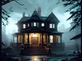 Haunted house. Old abandoned house in the night forest. Scary colonial cottage in mysterious forestland Royalty Free Stock Photo