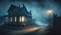 Haunted house in an old village in mysterious hazy light. Generative AI Royalty Free Stock Photo