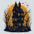 Haunted House with Pumpkins and Bats Illustration Royalty Free Stock Photo