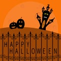 Haunted house, pumpkins and big moon. Wrought iron fence. Happy Halloween card. Flat design. Orange background.