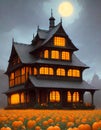 Haunted House With Pumpkins Field Night Background