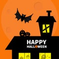 Haunted house roof attic loft. Light on boarded-up windows. Cat arch back. Flying bat. Monster spider Pumpkin Candle. Happy Hallow