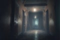 A haunted house\'s dark corridor filled with an eerie supernatural fog. Generative AI illustration