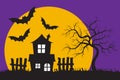 Haunted house silhouette in front of the big moon and the purple sky with bats Royalty Free Stock Photo