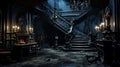 Haunted house spooky interior with creaky staircase in dilapidated condition. Royalty Free Stock Photo