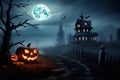 Haunted house witchcraft dwelling Halloween background. Generative AI Royalty Free Stock Photo