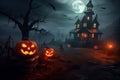 Haunted house witchcraft dwelling Halloween background. Generative AI Royalty Free Stock Photo