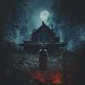 Haunted House in the Woods with a Silhouette of a Person Standing in Front Royalty Free Stock Photo