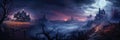 Haunted houses, mist and moon at night, panorama for spooky Halloween theme Royalty Free Stock Photo