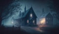 Haunted houses in an old village in mysterious dim light, on a misty night. Generative AI Royalty Free Stock Photo