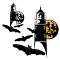 Halloween haunted lighthouse and flying vampire bats vector design set Royalty Free Stock Photo