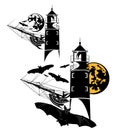 Halloween haunted lighthouse, pirate ship and flying vampire bats vector design set Royalty Free Stock Photo