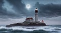 Haunted lighthouse on rocky coast, stormy skies, crashing waves, ghostly light from tower. Royalty Free Stock Photo