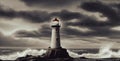 Haunted lighthouse on rocky coast, stormy skies, crashing waves, ghostly light from tower. Royalty Free Stock Photo