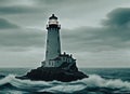 Haunted lighthouse on rocky coast, stormy skies, crashing waves, ghostly light from tower. Royalty Free Stock Photo