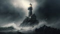 Haunted lighthouse in a stormy ocean on a tiny island. Generative AI