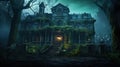 Haunted mansion covered with fog, night scene. Creepy house covered with vines. Halloween concept. Generative AI Royalty Free Stock Photo