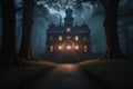 Haunted mansion deep in the woods. AI generated