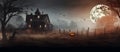 Haunted mansion Evil houseat night with full moon. Halloween banner with copy-space. Generative AI Royalty Free Stock Photo