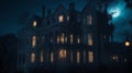 A haunted mansion with flickering lights in every window