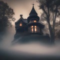 Haunted mansion on a hill surrounded by eerie fog and gnarled trees3 Royalty Free Stock Photo