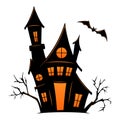Haunted old house for Halloween. Vector silhouette of scary old house. Mystical spooky house with monsters and ghost. Black