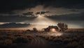 Haunted paranormal ranch and golden moonlight shining from the sky. Generative AI