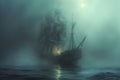 A haunted pirate ship sailing on a mysterious and foggy sea Ghostly ship Royalty Free Stock Photo