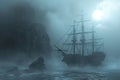 A haunted pirate ship sailing on a mysterious and foggy sea Ghostly ship Royalty Free Stock Photo