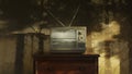 Haunted room with an old television with bright static screen Royalty Free Stock Photo