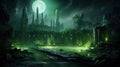 Haunted Swamp Ruins and Moonlit Mystique With Green Moon\'s Radiance. Generative AI