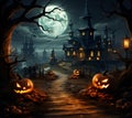 Haunted trail, House atop hill, pumpkins, graveyard illustrated Halloween scene with chilling charm