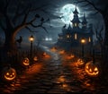 Haunted trail, House atop hill, pumpkins, graveyard illustrated Halloween scene with chilling charm