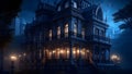 The haunted Victorian mansion, with candlelight flickering in every window, exudes a mysterious and enigmatic aura. A Halloween