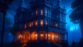The haunted Victorian mansion, with candlelight flickering in every window, exudes a mysterious and enigmatic aura. A Halloween