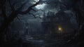Haunted Victorian Mansion in Eerie Moonlit Forest