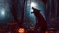 A haunted werewolf roaring in dark forest under full moon, surrounding with jack o lantern, Halloween night, Ai generated Royalty Free Stock Photo