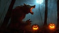 A haunted werewolf roaring in dark forest under full moon, surrounding with jack o lantern, Halloween night, Ai generated Royalty Free Stock Photo