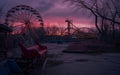A haunting abandoned amusement park stands still at dusk, its eerie silence contrasting with memories of laughter and