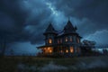 A haunting abandoned house is illuminated by a striking lightning bolt in the dark stormy sky, A haunted Victorian house on a