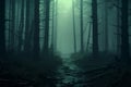 Haunting ambiance 3D rendering of misty forest with eerie concept