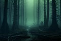 Haunting ambiance 3D rendering of misty forest with eerie concept