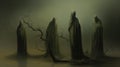 Haunting Atmosphere Four Black-robed Creatures In Olive Fog