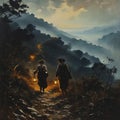 A haunting, atmospheric nighttime image of silhouetted trekkers journeying along a misty forest trail, backlit by ominous lantern Royalty Free Stock Photo