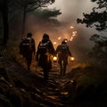 A haunting, atmospheric nighttime image of silhouetted trekkers journeying along a misty forest trail, backlit by ominous lantern Royalty Free Stock Photo