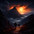 A haunting, atmospheric nighttime image of silhouetted trekkers journeying along a misty mountain trail, backlit by ominous red Royalty Free Stock Photo