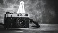 A haunting black and white composition featuring a classic rangefinder film camera resting on a rustic wooden surface with a Royalty Free Stock Photo