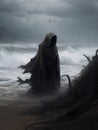A haunting carving of a shrouded figure emerging from a stormy sea crawling onto a desolate shore. Gothic art. AI