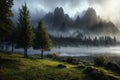 Haunting dark fantasy landscape concealed in enigmatic mist